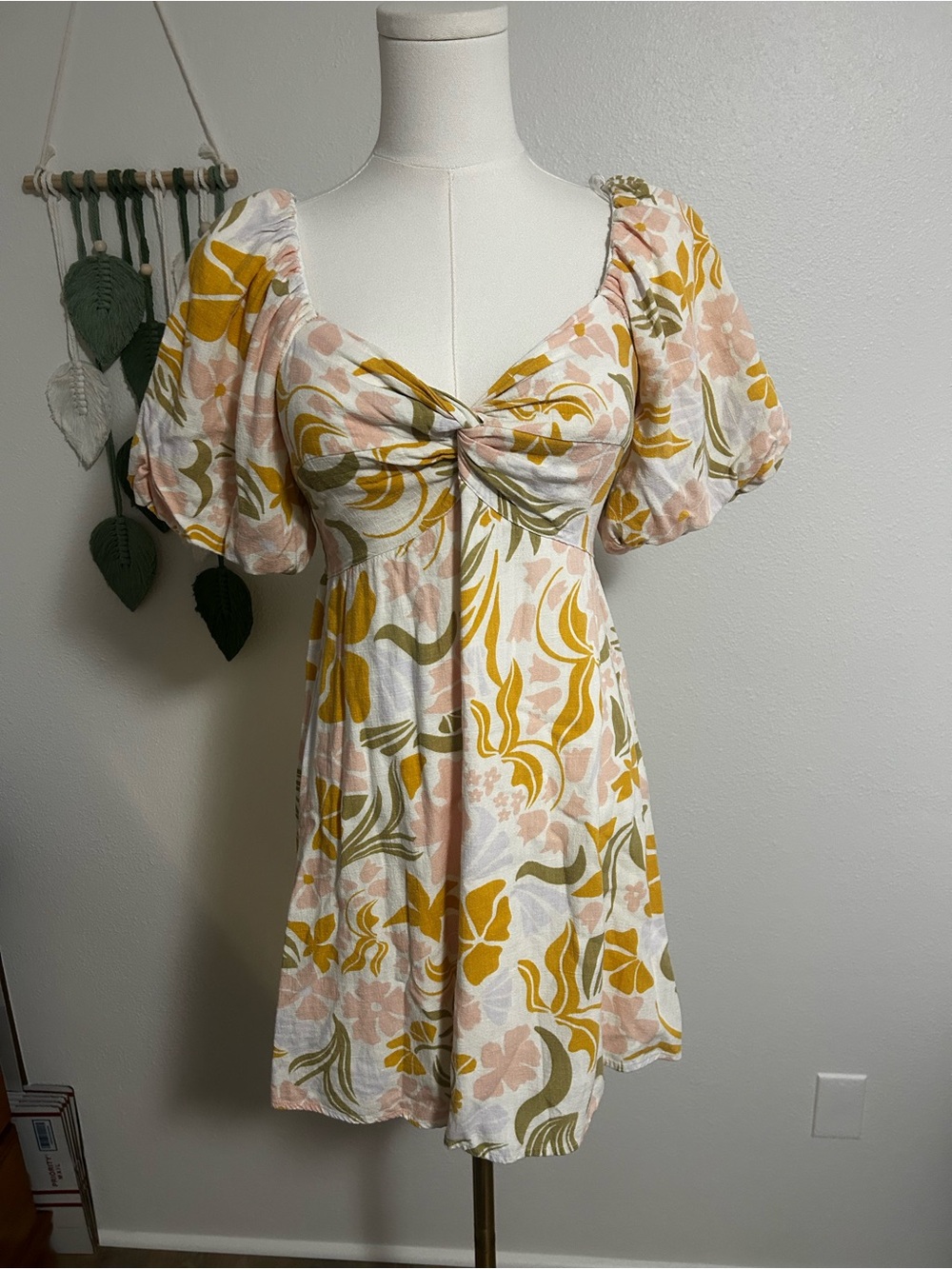 Papermoon Mustard & Blush Floral Twist-Front Puff Sleeve Mini Dress